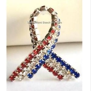 Silver Crystal American Flag Ribbon Pin Brooch